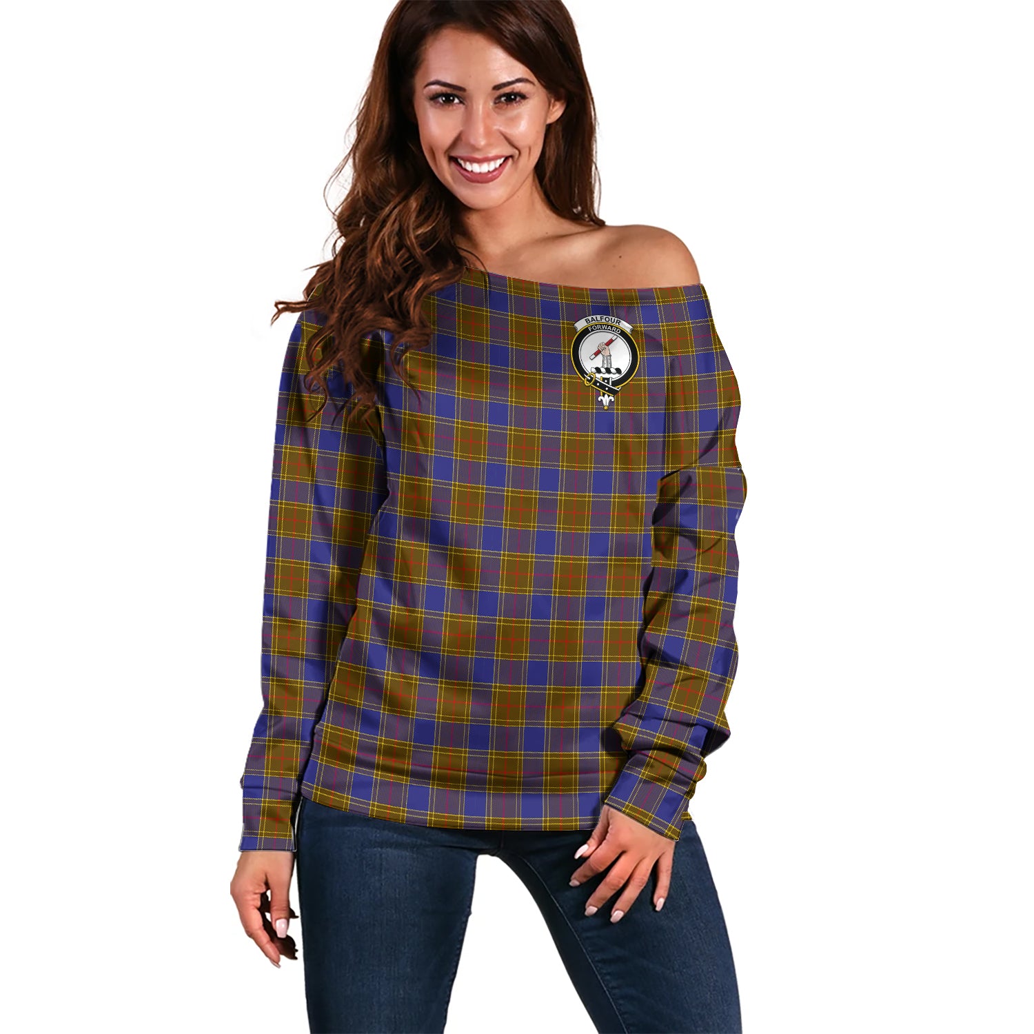 Balfour Modern Tartan Off Shoulder Women Sweater with Family Crest Women - Tartanvibesclothing