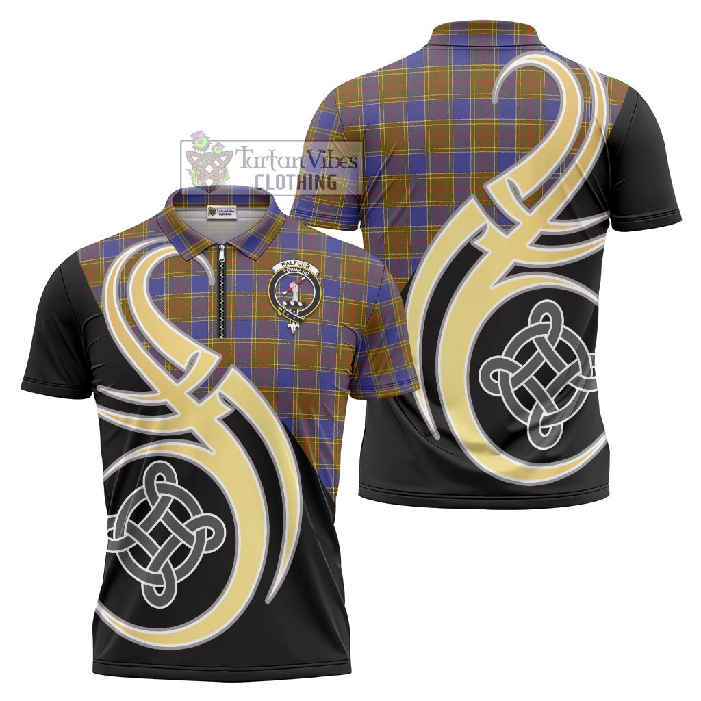 Tartan Vibes Clothing Balfour Modern Tartan Zipper Polo Shirt with Family Crest and Celtic Symbol Style