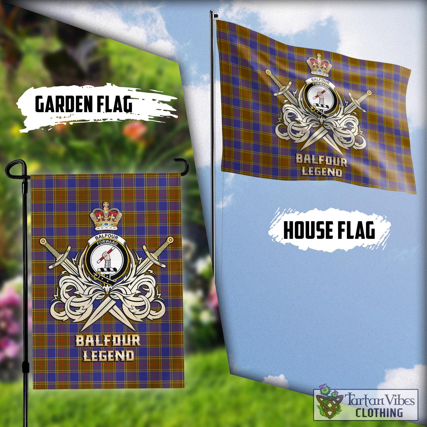 Tartan Vibes Clothing Balfour Modern Tartan Flag with Clan Crest and the Golden Sword of Courageous Legacy