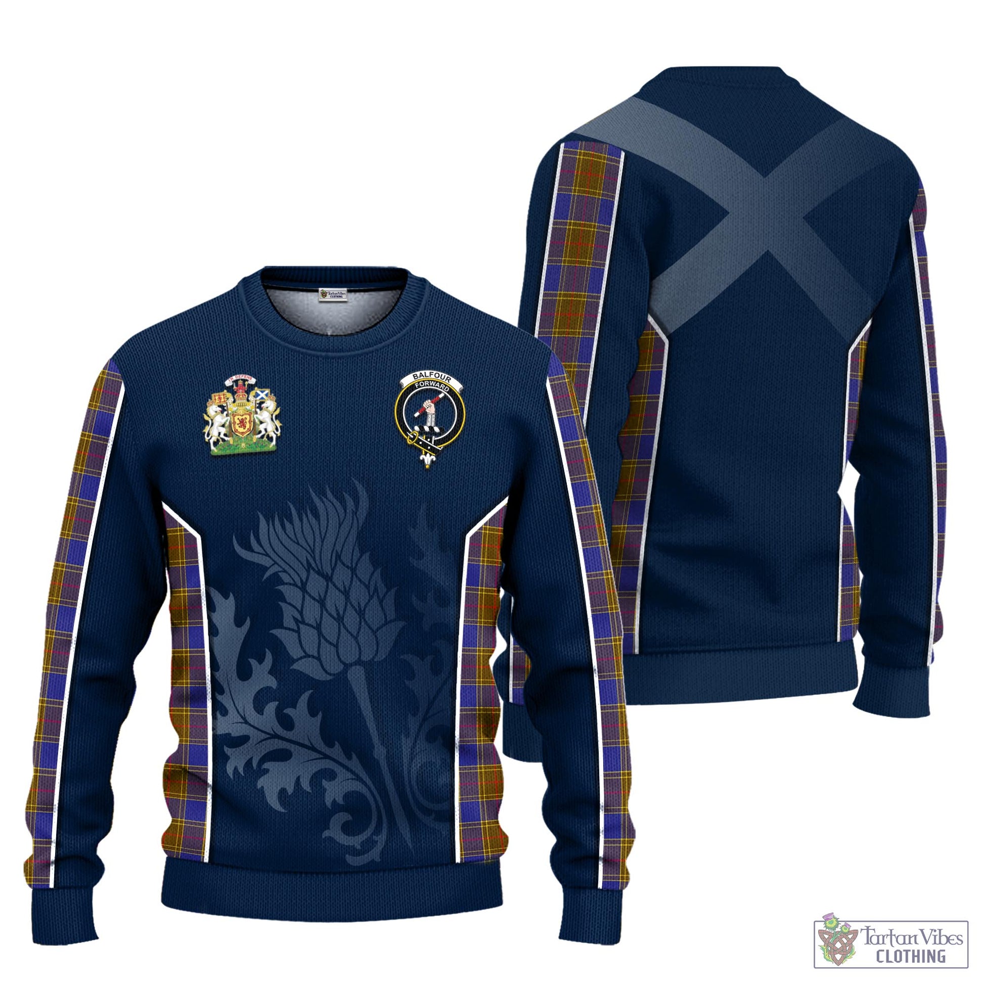 Tartan Vibes Clothing Balfour Modern Tartan Knitted Sweatshirt with Family Crest and Scottish Thistle Vibes Sport Style