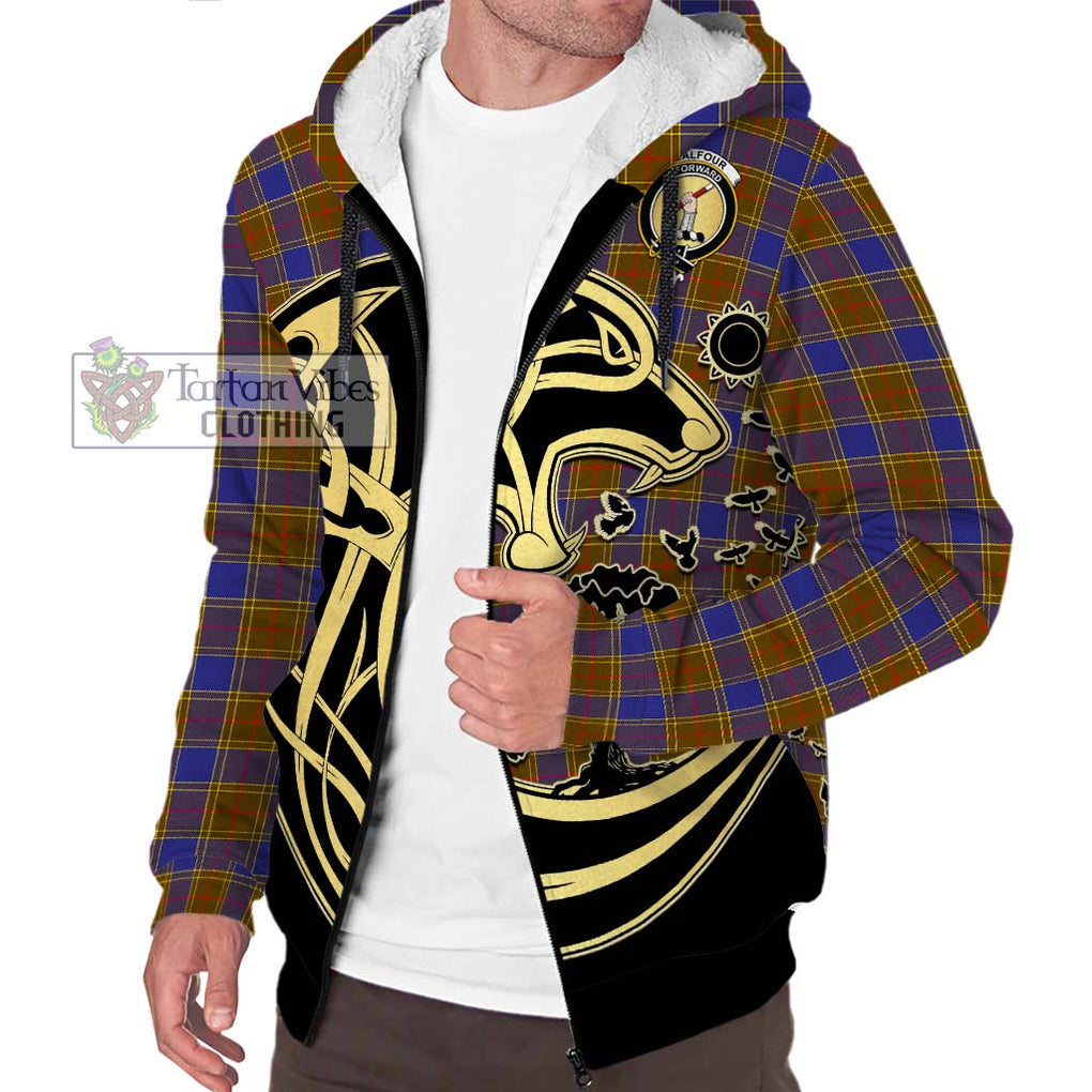 Balfour Tartan Sherpa Hoodie with Family Crest Celtic Wolf Style Unisex S - Tartan Vibes Clothing