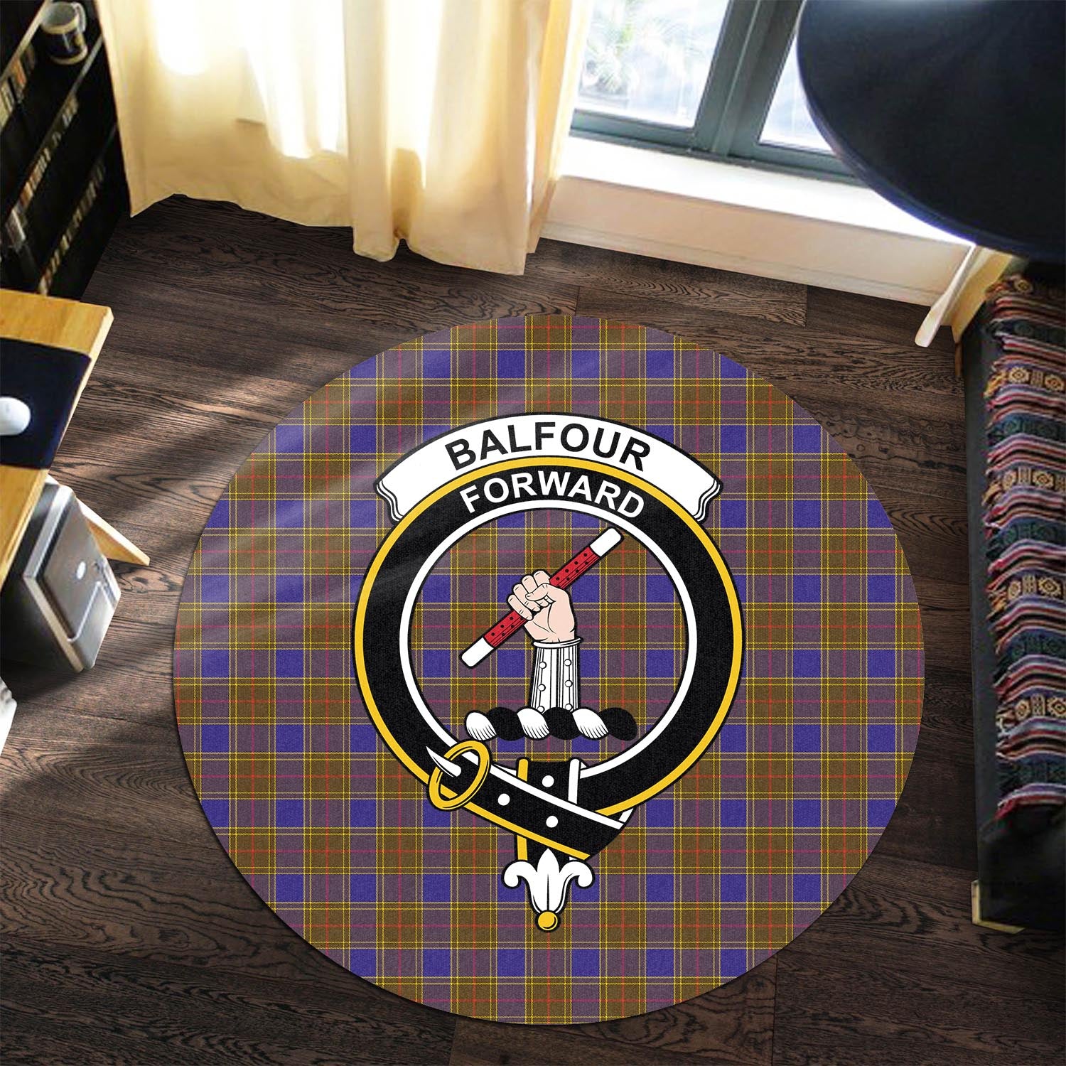 Balfour Modern Tartan Round Rug with Family Crest - Tartanvibesclothing