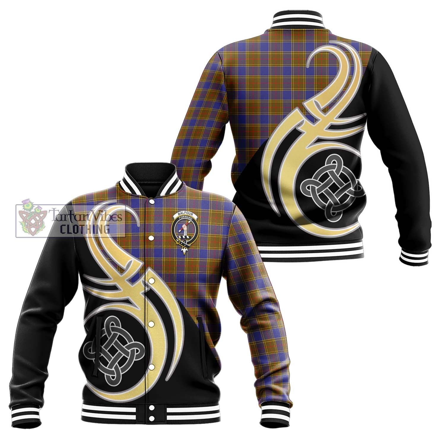 Balfour Tartan Baseball Jacket with Family Crest and Celtic Symbol Style Unisex - Tartan Vibes Clothing