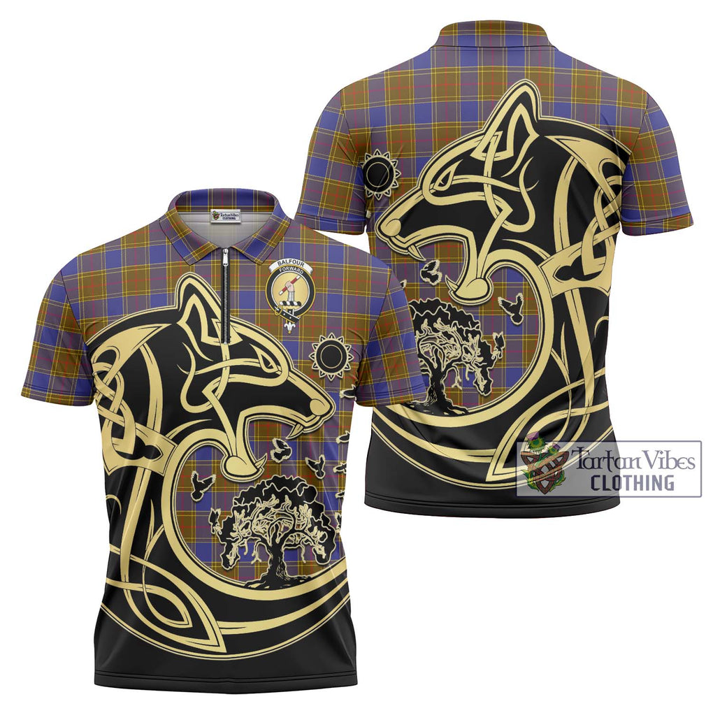 Balfour Tartan Zipper Polo Shirt with Family Crest Celtic Wolf Style Unisex - Tartanvibesclothing Shop