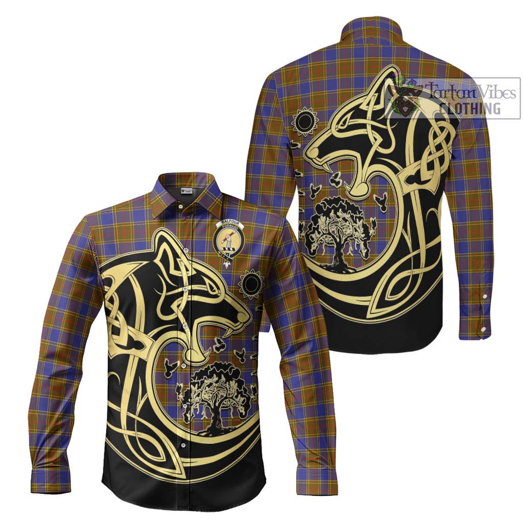 Balfour Tartan Long Sleeve Button Shirt with Family Crest Celtic Wolf Style Men's Shirt S - Tartan Vibes Clothing