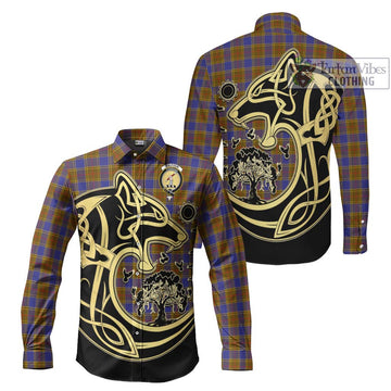 Balfour Tartan Long Sleeve Button Shirt with Family Crest Celtic Wolf Style