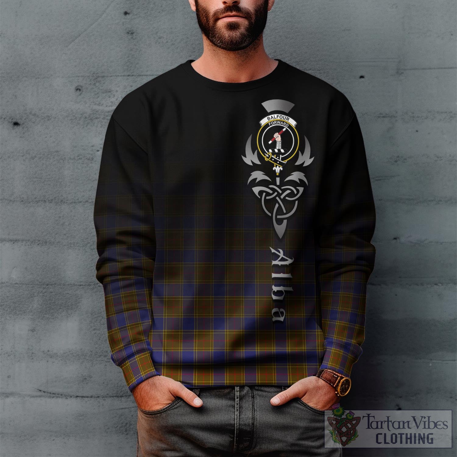 Tartan Vibes Clothing Balfour Modern Tartan Sweatshirt Featuring Alba Gu Brath Family Crest Celtic Inspired