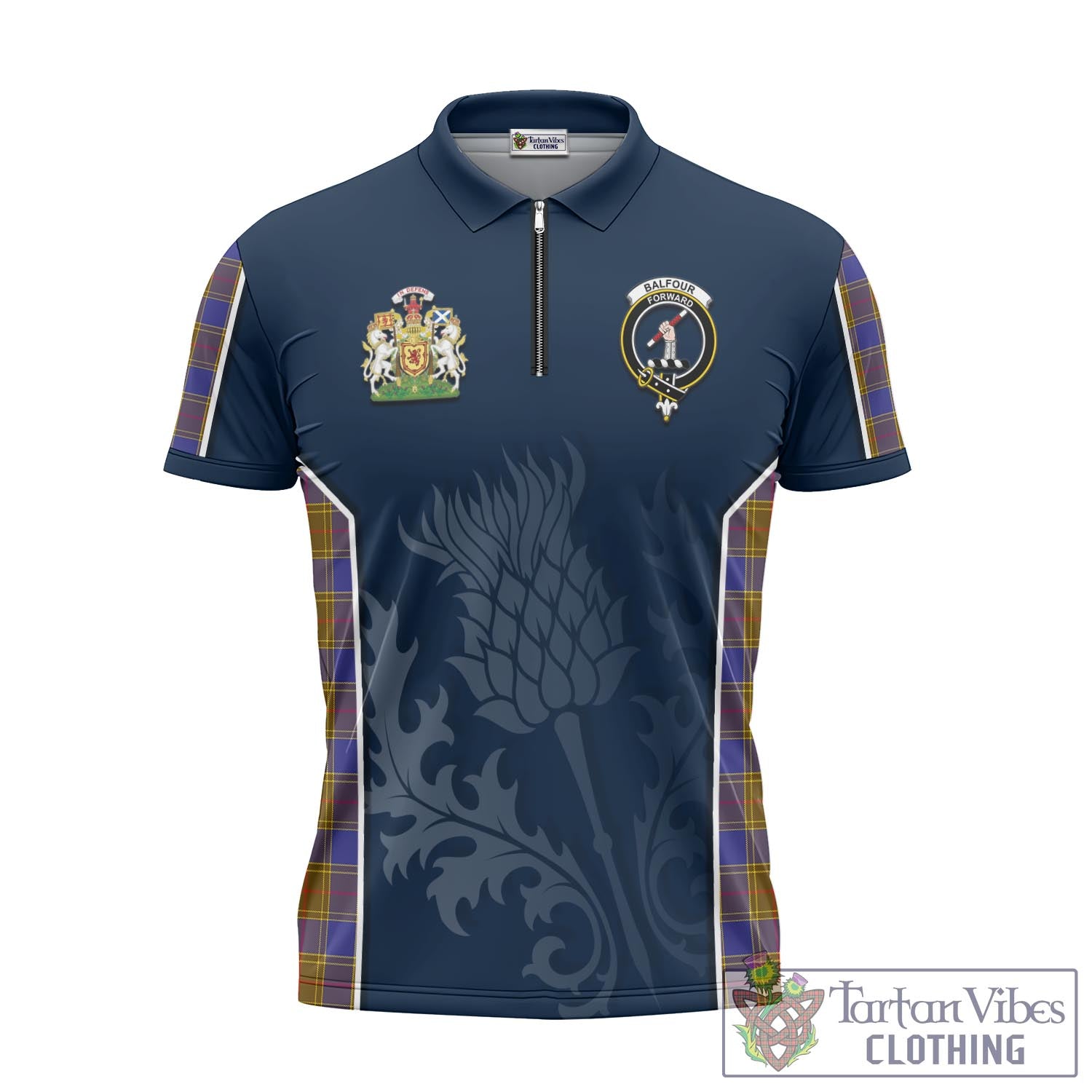 Tartan Vibes Clothing Balfour Modern Tartan Zipper Polo Shirt with Family Crest and Scottish Thistle Vibes Sport Style