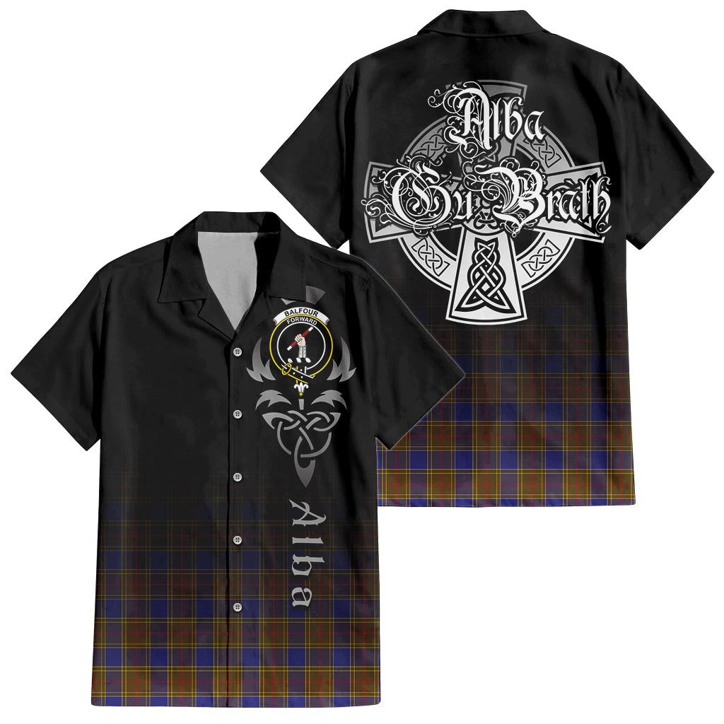 Tartan Vibes Clothing Balfour Modern Tartan Short Sleeve Button Up Featuring Alba Gu Brath Family Crest Celtic Inspired