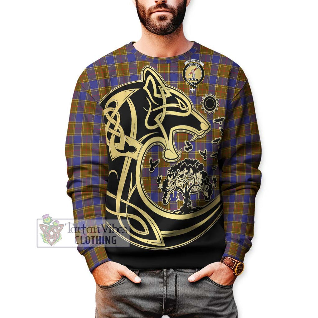 Balfour Tartan Sweatshirt with Family Crest Celtic Wolf Style Unisex - Tartan Vibes Clothing