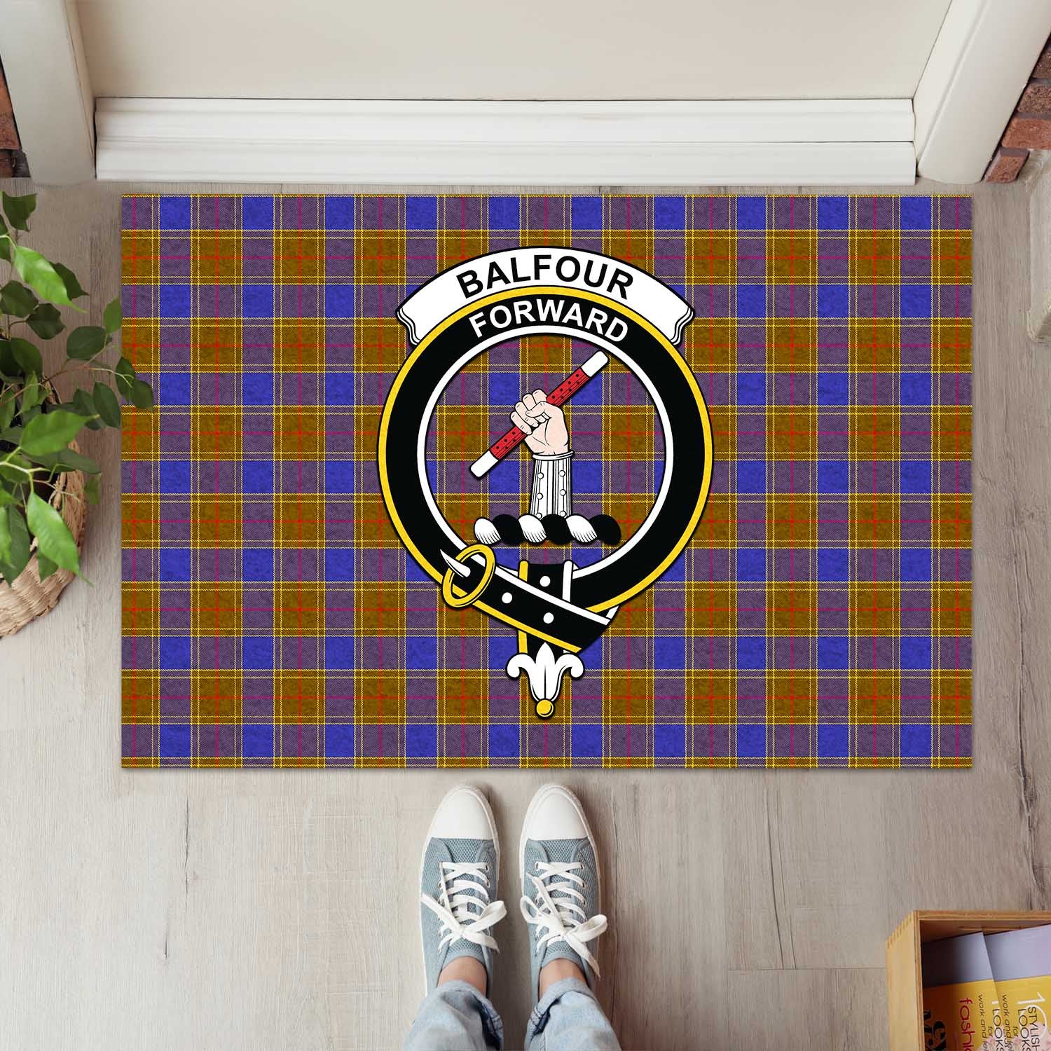 Balfour Modern Tartan Door Mat with Family Crest - Tartanvibesclothing