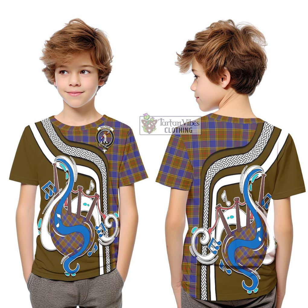 Tartan Vibes Clothing Balfour Modern Tartan Kid T-Shirt with Epic Bagpipe Style