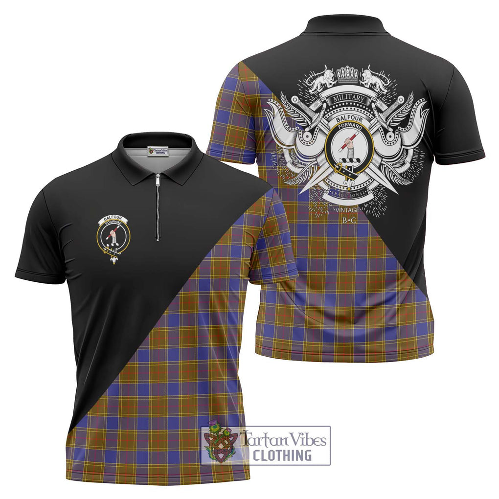 Balfour Tartan Zipper Polo Shirt with Family Crest and Military Logo Style Unisex - Tartanvibesclothing Shop