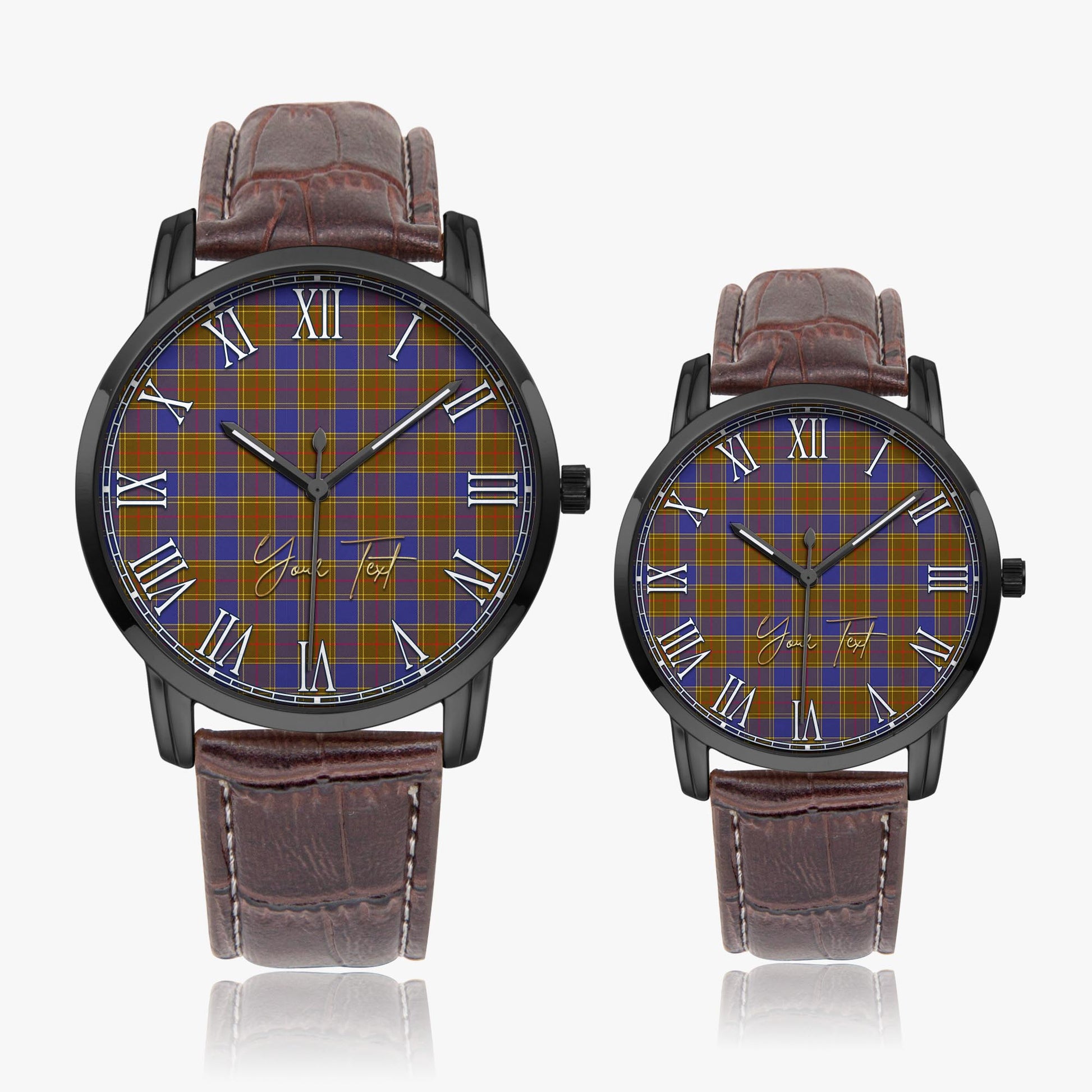 Balfour Modern Tartan Personalized Your Text Leather Trap Quartz Watch Wide Type Black Case With Brown Leather Strap - Tartanvibesclothing