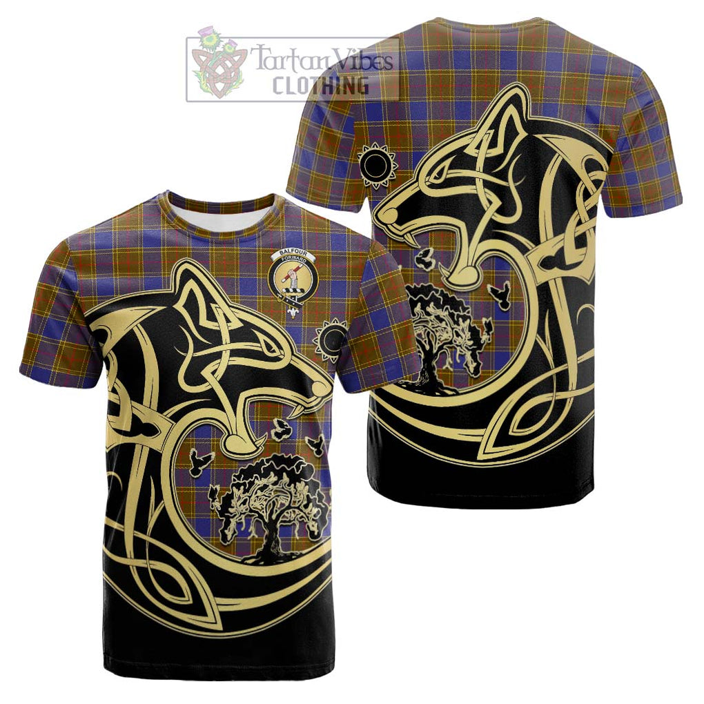 Tartan Vibes Clothing Balfour Modern Tartan Cotton T-shirt with Family Crest Celtic Wolf Style