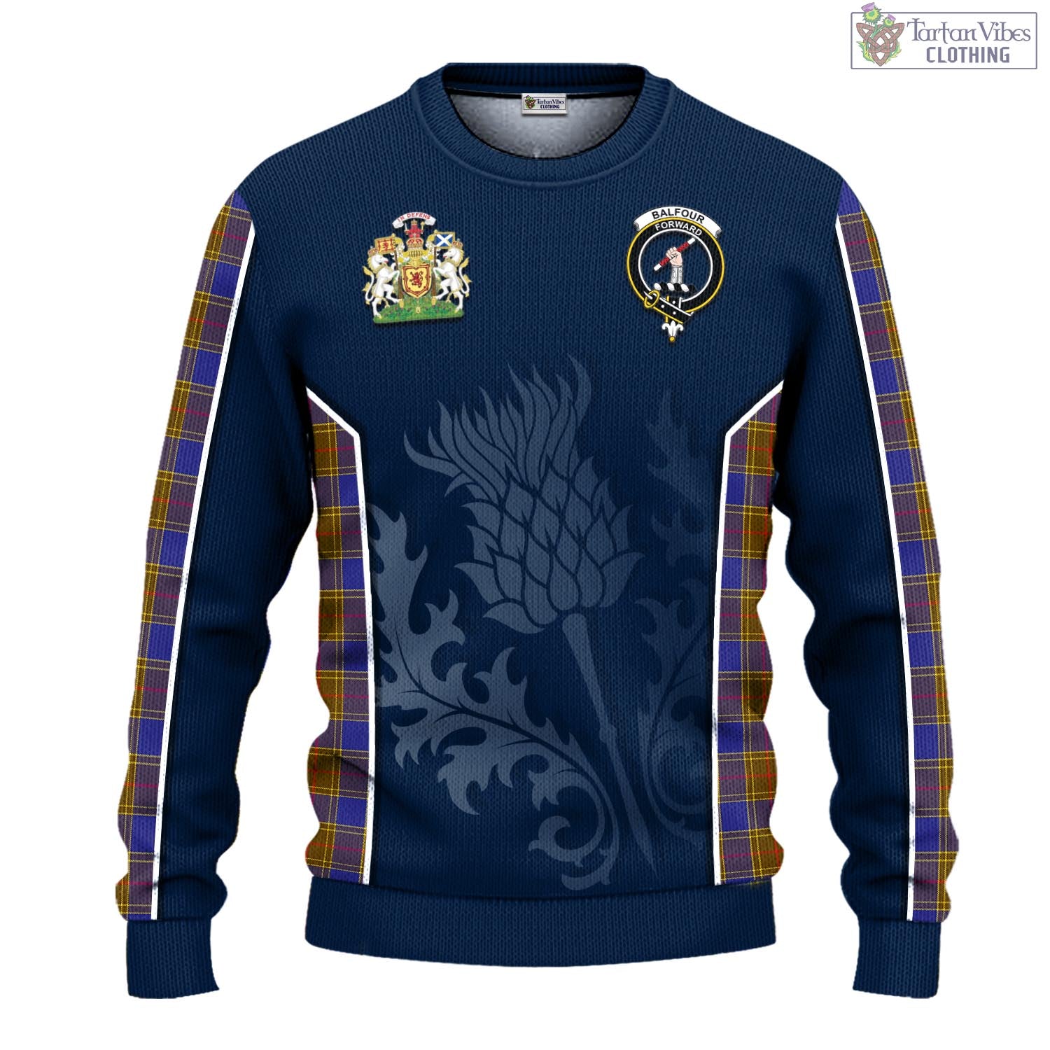 Tartan Vibes Clothing Balfour Modern Tartan Knitted Sweatshirt with Family Crest and Scottish Thistle Vibes Sport Style