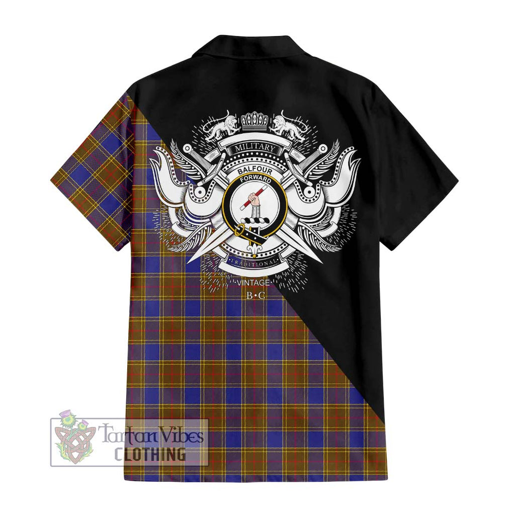 Balfour Tartan Short Sleeve Button Shirt with Family Crest and Military Logo Style - Tartanvibesclothing Shop