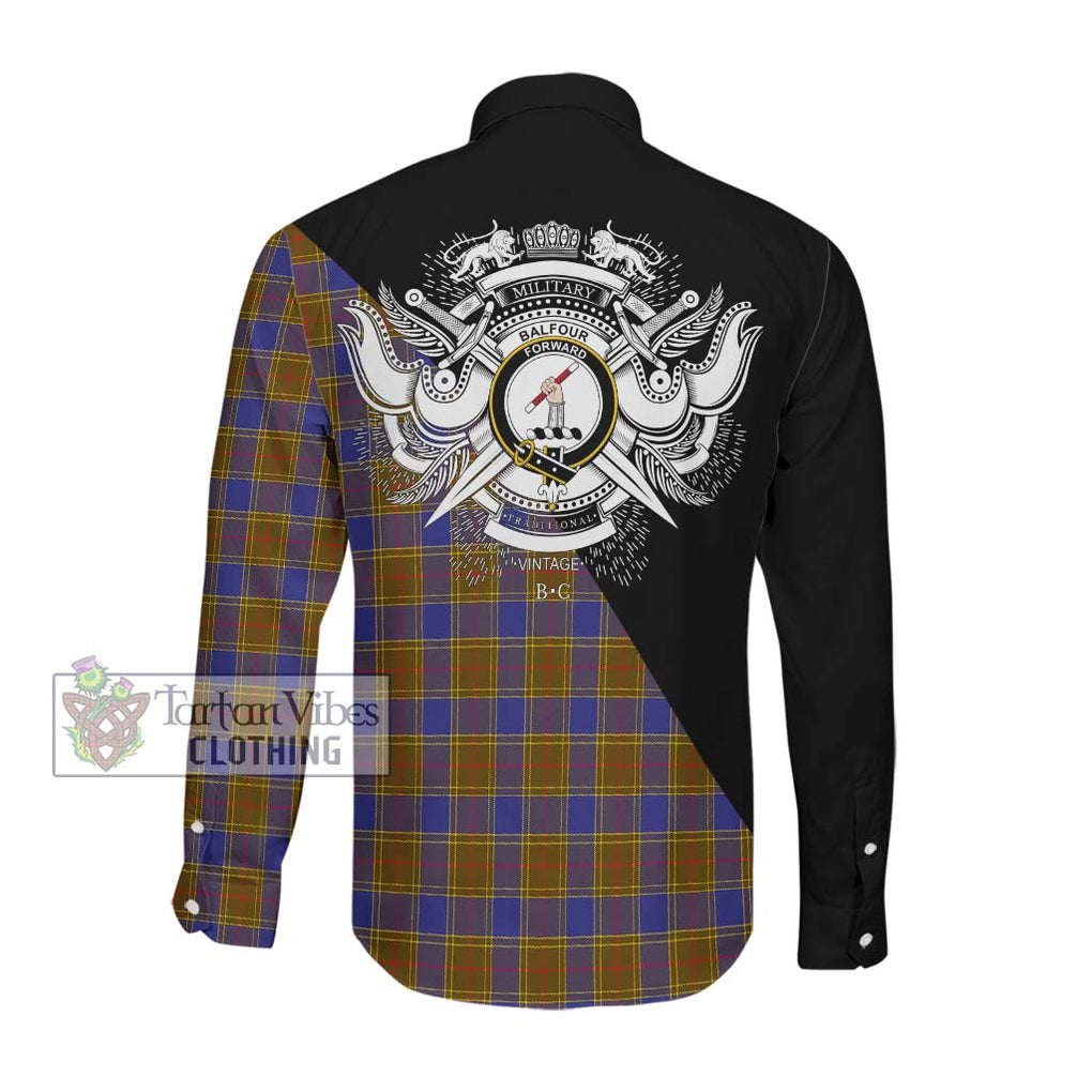 Balfour Tartan Long Sleeve Button Shirt with Family Crest and Military Logo Style Men's Shirt - Tartanvibesclothing Shop