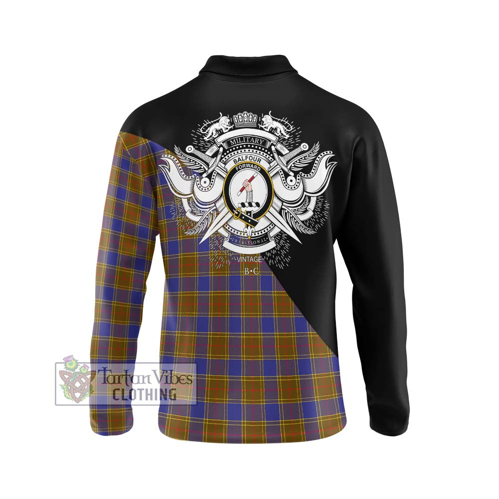 Balfour Tartan Long Sleeve Polo Shirt with Family Crest and Military Logo Style - Tartanvibesclothing Shop