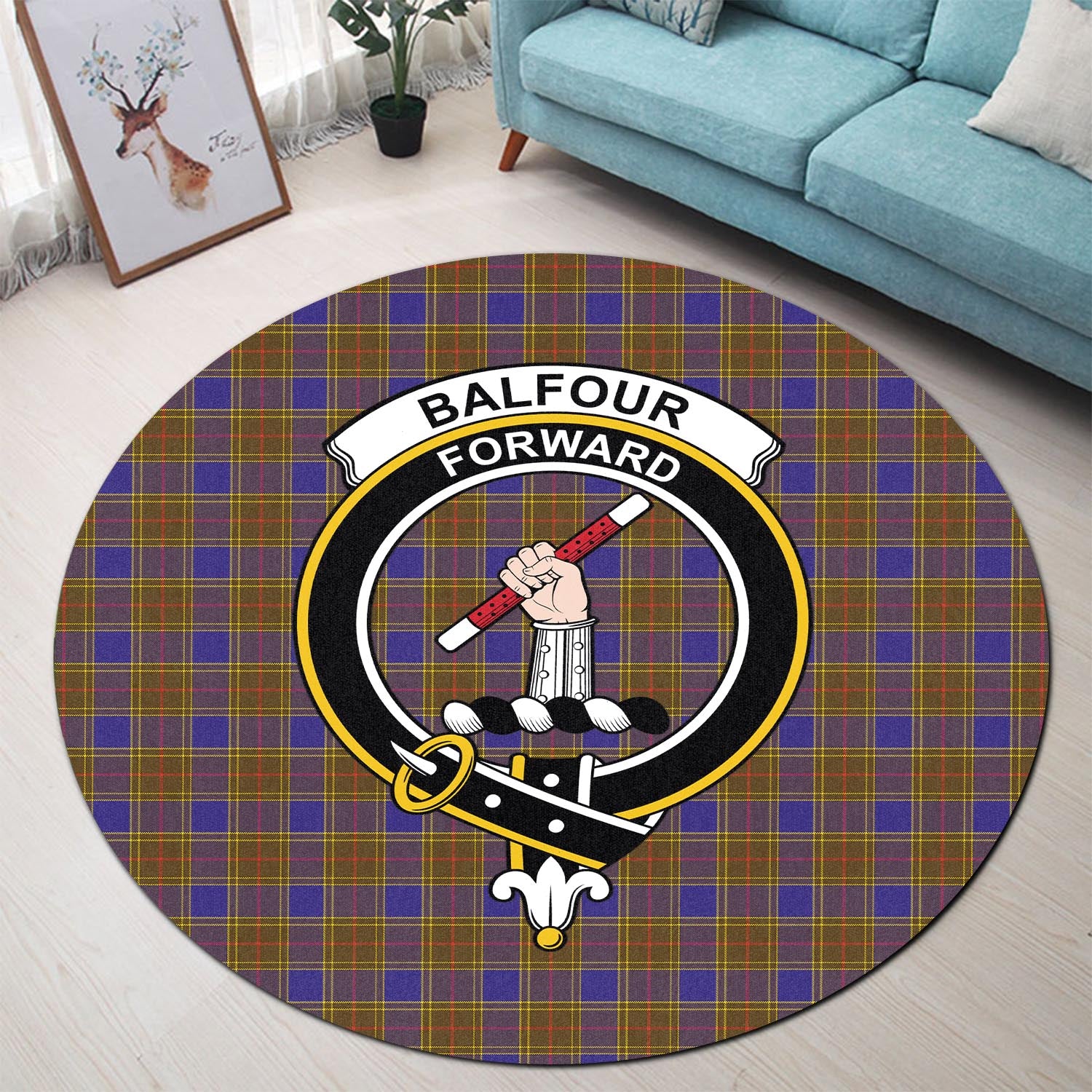 Balfour Modern Tartan Round Rug with Family Crest - Tartanvibesclothing