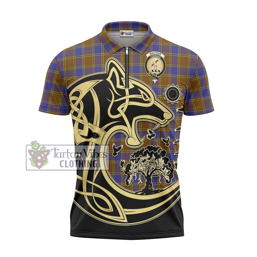 Balfour Tartan Zipper Polo Shirt with Family Crest Celtic Wolf Style - Tartanvibesclothing Shop