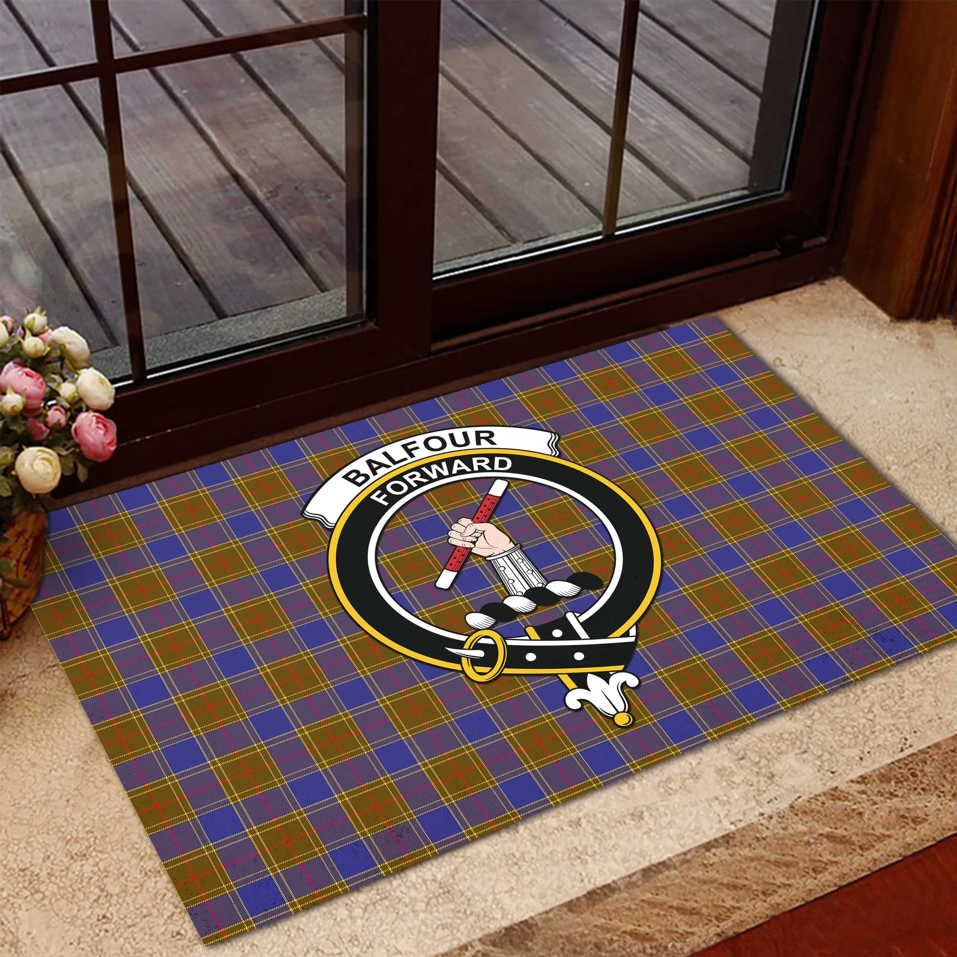 Balfour Modern Tartan Door Mat with Family Crest - Tartanvibesclothing