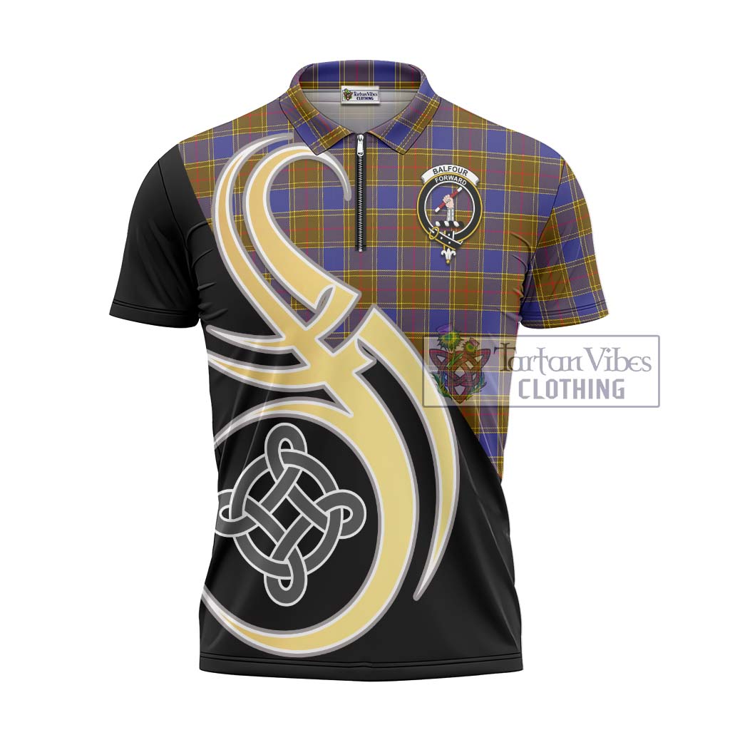 Tartan Vibes Clothing Balfour Modern Tartan Zipper Polo Shirt with Family Crest and Celtic Symbol Style