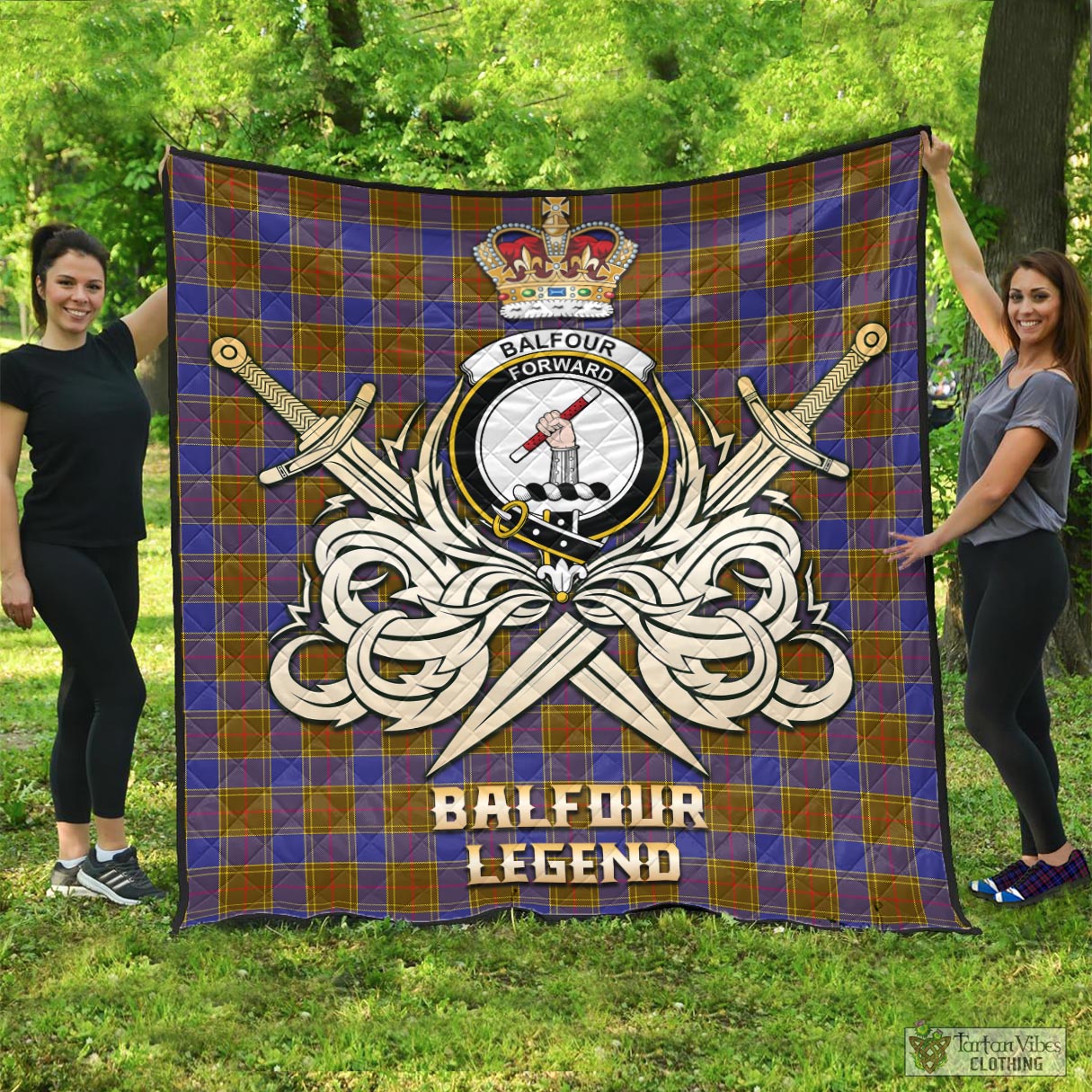 Tartan Vibes Clothing Balfour Modern Tartan Quilt with Clan Crest and the Golden Sword of Courageous Legacy