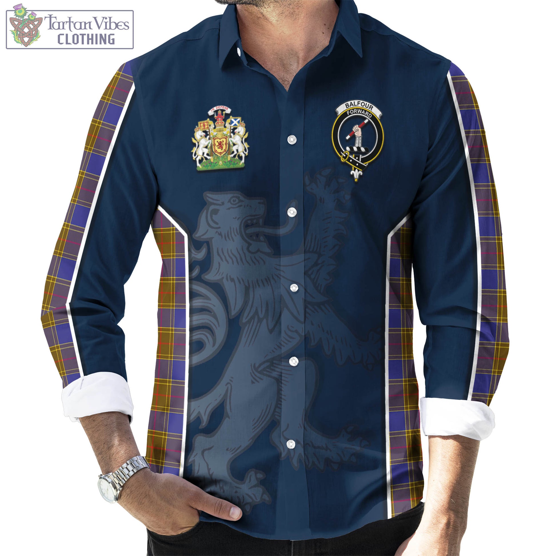 Tartan Vibes Clothing Balfour Modern Tartan Long Sleeve Button Up Shirt with Family Crest and Lion Rampant Vibes Sport Style