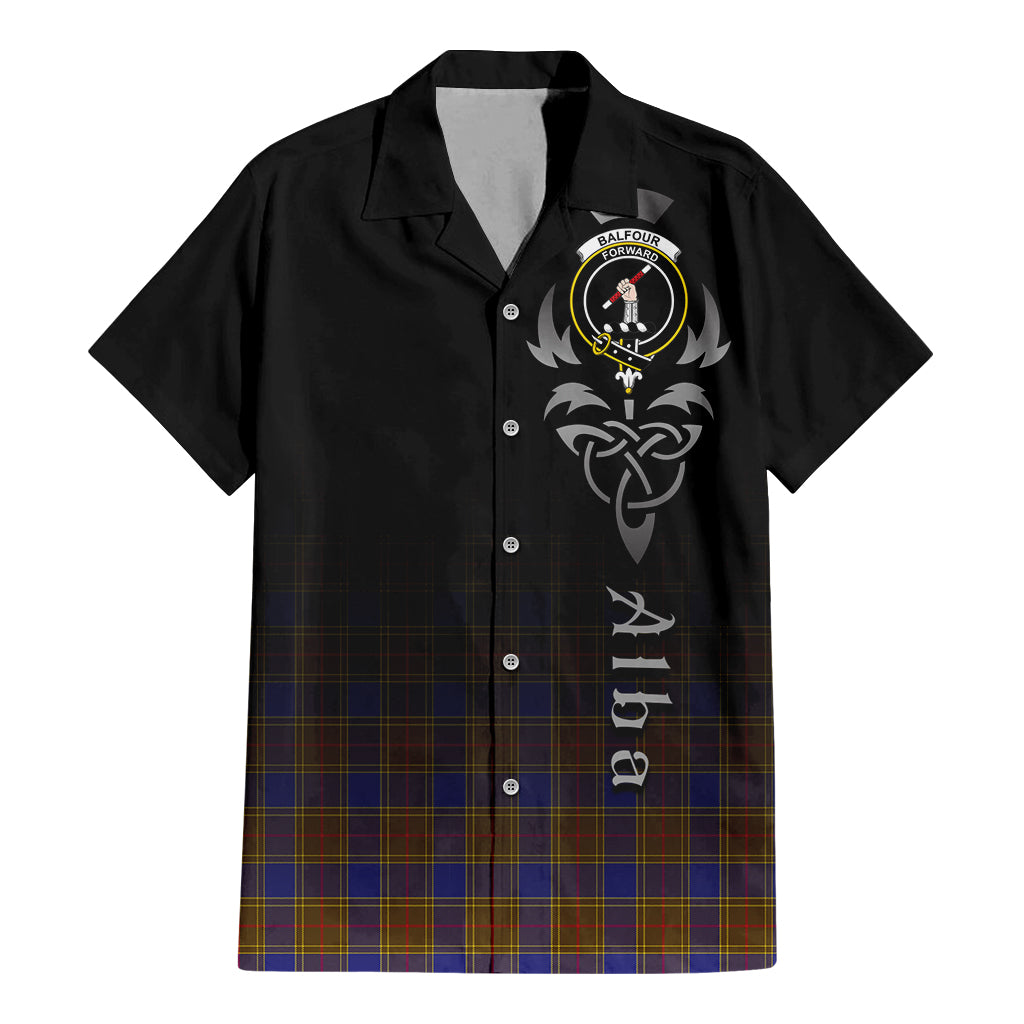 Tartan Vibes Clothing Balfour Modern Tartan Short Sleeve Button Up Featuring Alba Gu Brath Family Crest Celtic Inspired