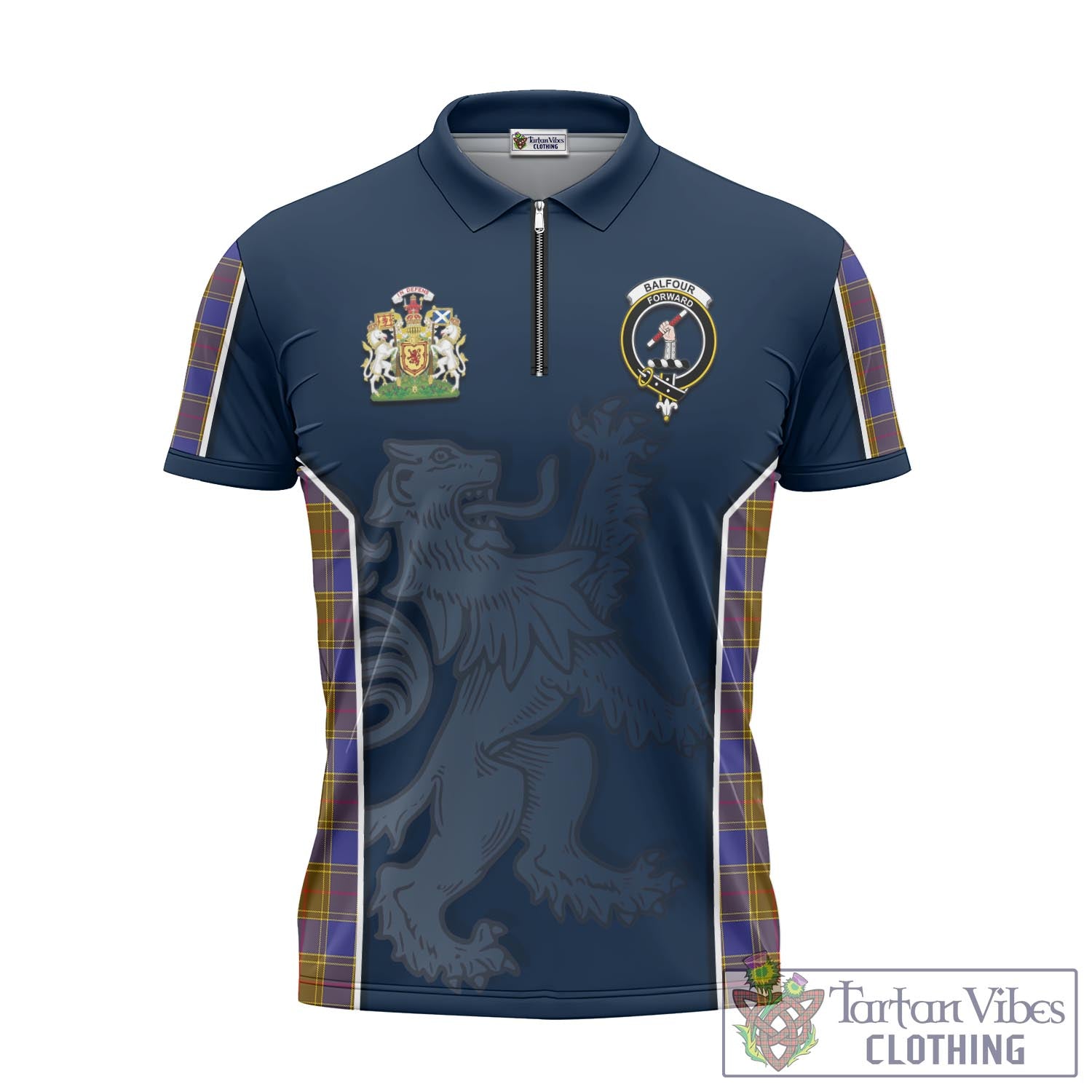 Tartan Vibes Clothing Balfour Modern Tartan Zipper Polo Shirt with Family Crest and Lion Rampant Vibes Sport Style