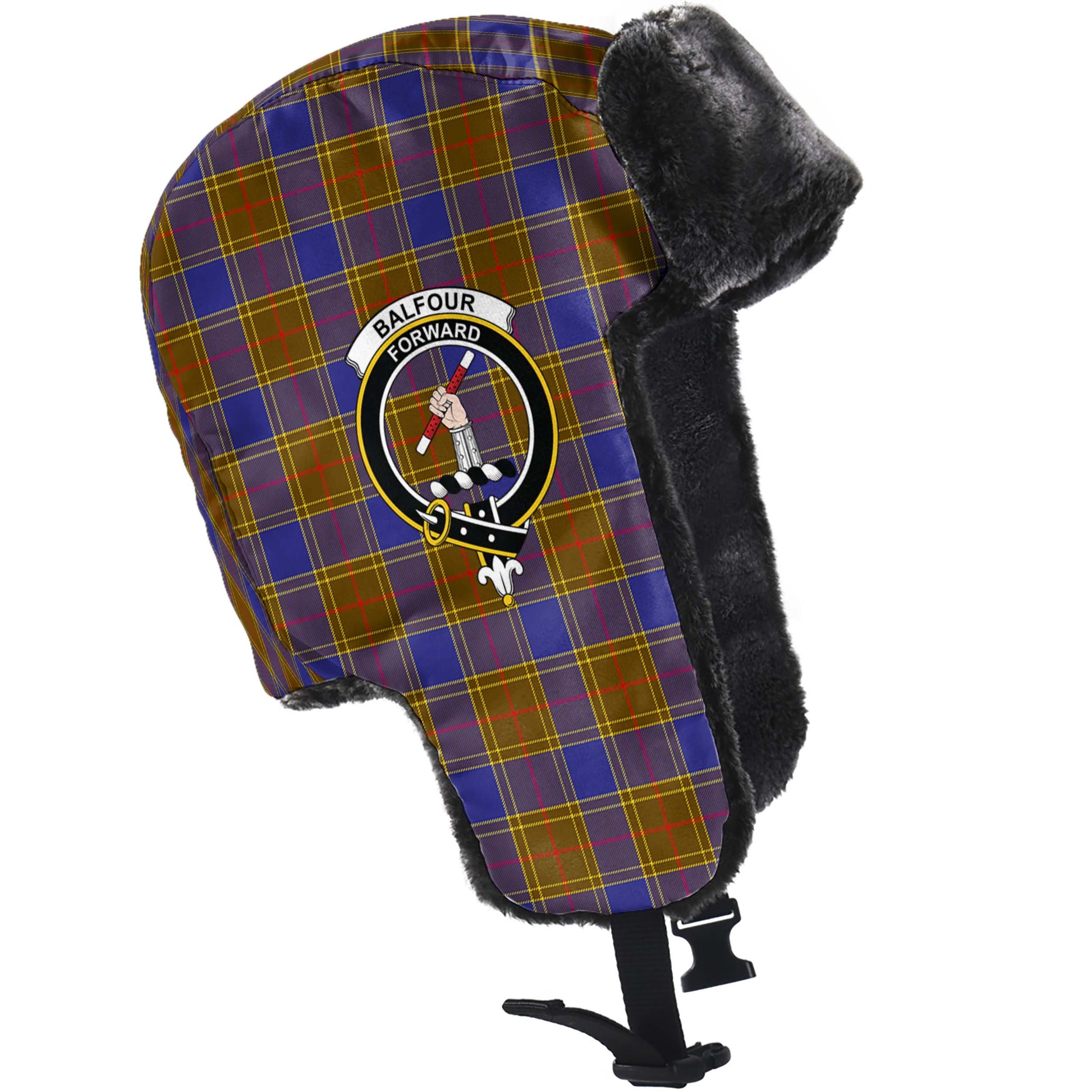 Balfour Modern Tartan Winter Trapper Hat with Family Crest - Tartanvibesclothing