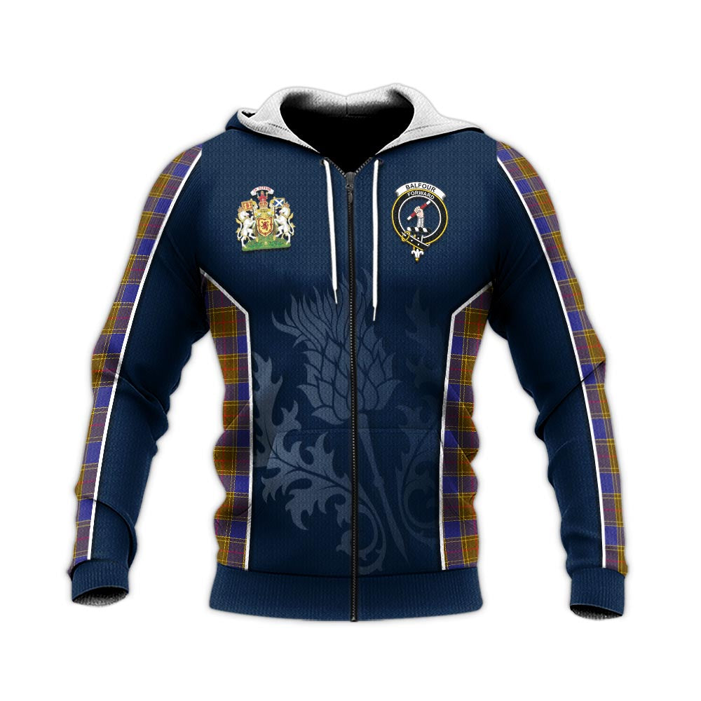 Tartan Vibes Clothing Balfour Modern Tartan Knitted Hoodie with Family Crest and Scottish Thistle Vibes Sport Style