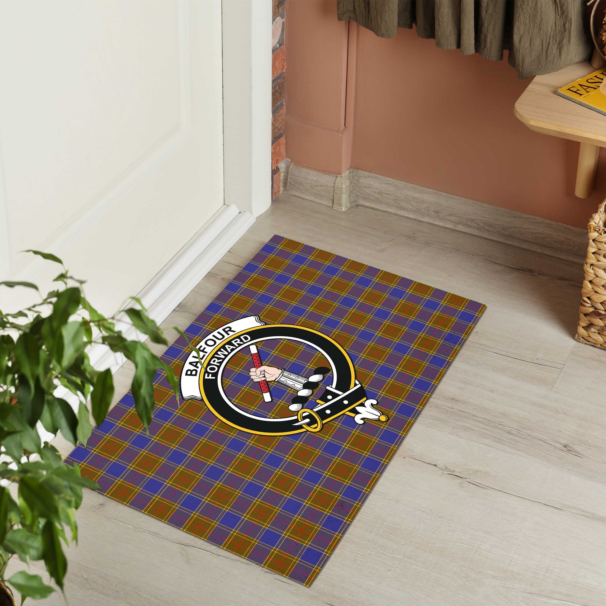 Balfour Modern Tartan Door Mat with Family Crest - Tartanvibesclothing