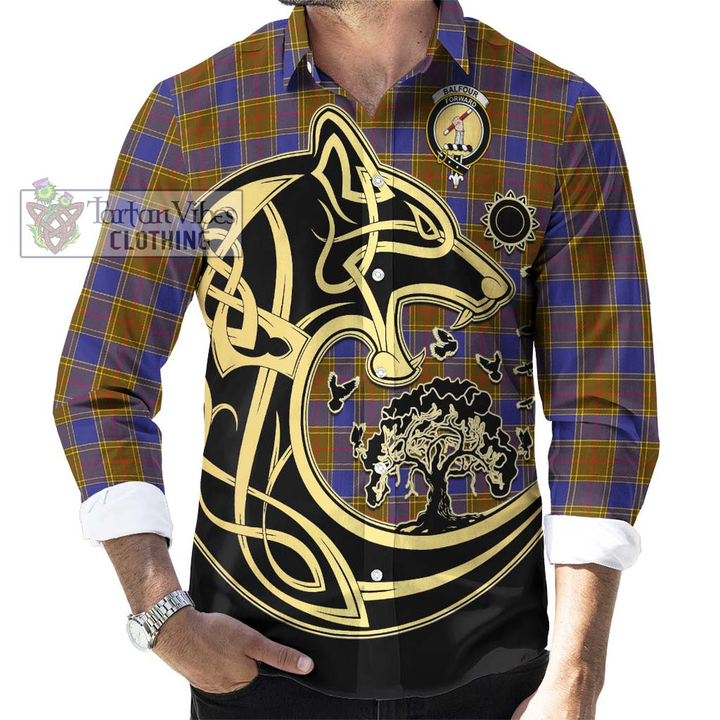 Balfour Tartan Long Sleeve Button Shirt with Family Crest Celtic Wolf Style - Tartan Vibes Clothing