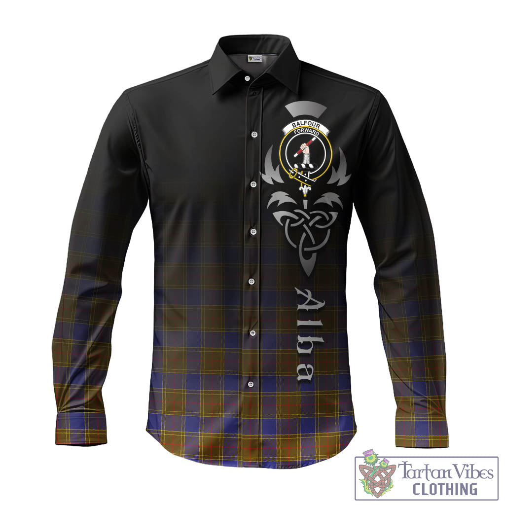 Tartan Vibes Clothing Balfour Modern Tartan Long Sleeve Button Up Featuring Alba Gu Brath Family Crest Celtic Inspired