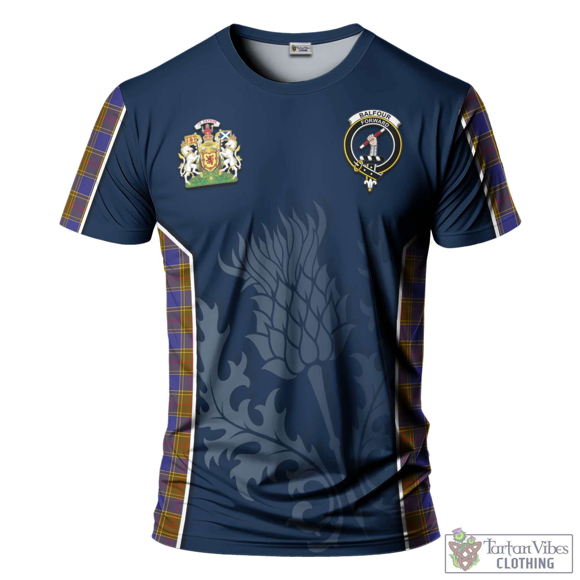 Tartan Vibes Clothing Balfour Modern Tartan T-Shirt with Family Crest and Scottish Thistle Vibes Sport Style