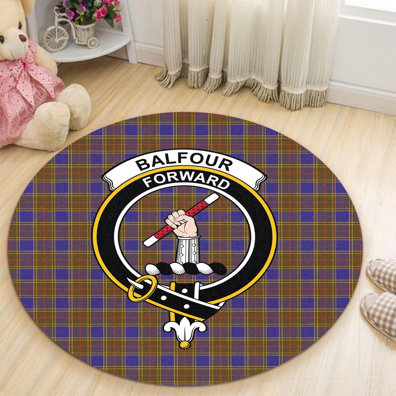 Balfour Modern Tartan Round Rug with Family Crest - Tartanvibesclothing