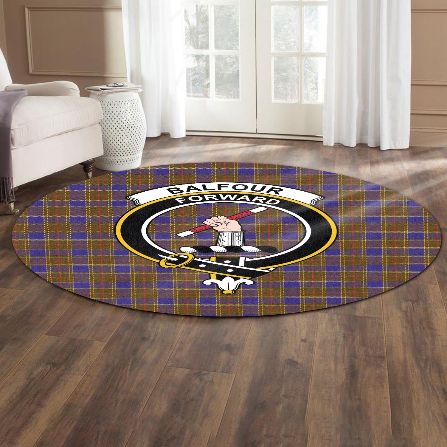 Balfour Modern Tartan Round Rug with Family Crest - Tartanvibesclothing