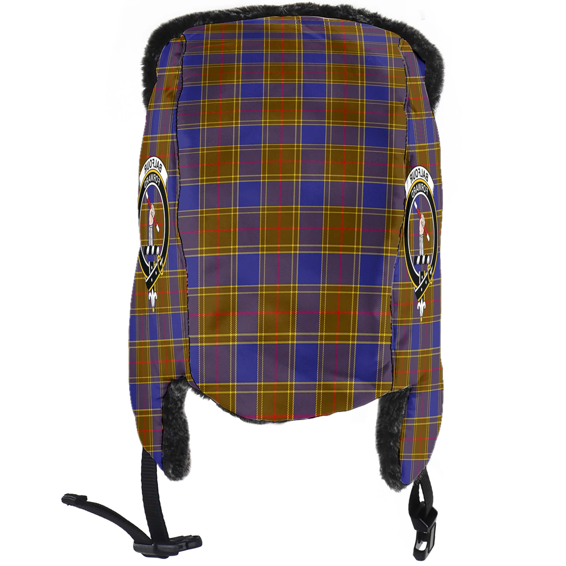 Balfour Modern Tartan Winter Trapper Hat with Family Crest - Tartanvibesclothing