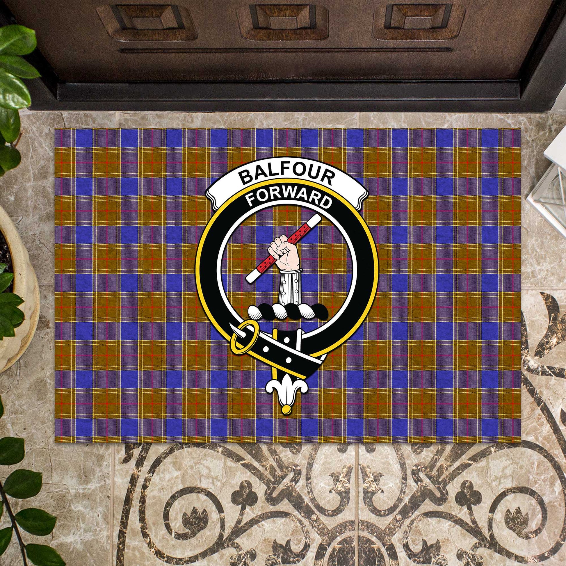 Balfour Modern Tartan Door Mat with Family Crest - Tartanvibesclothing