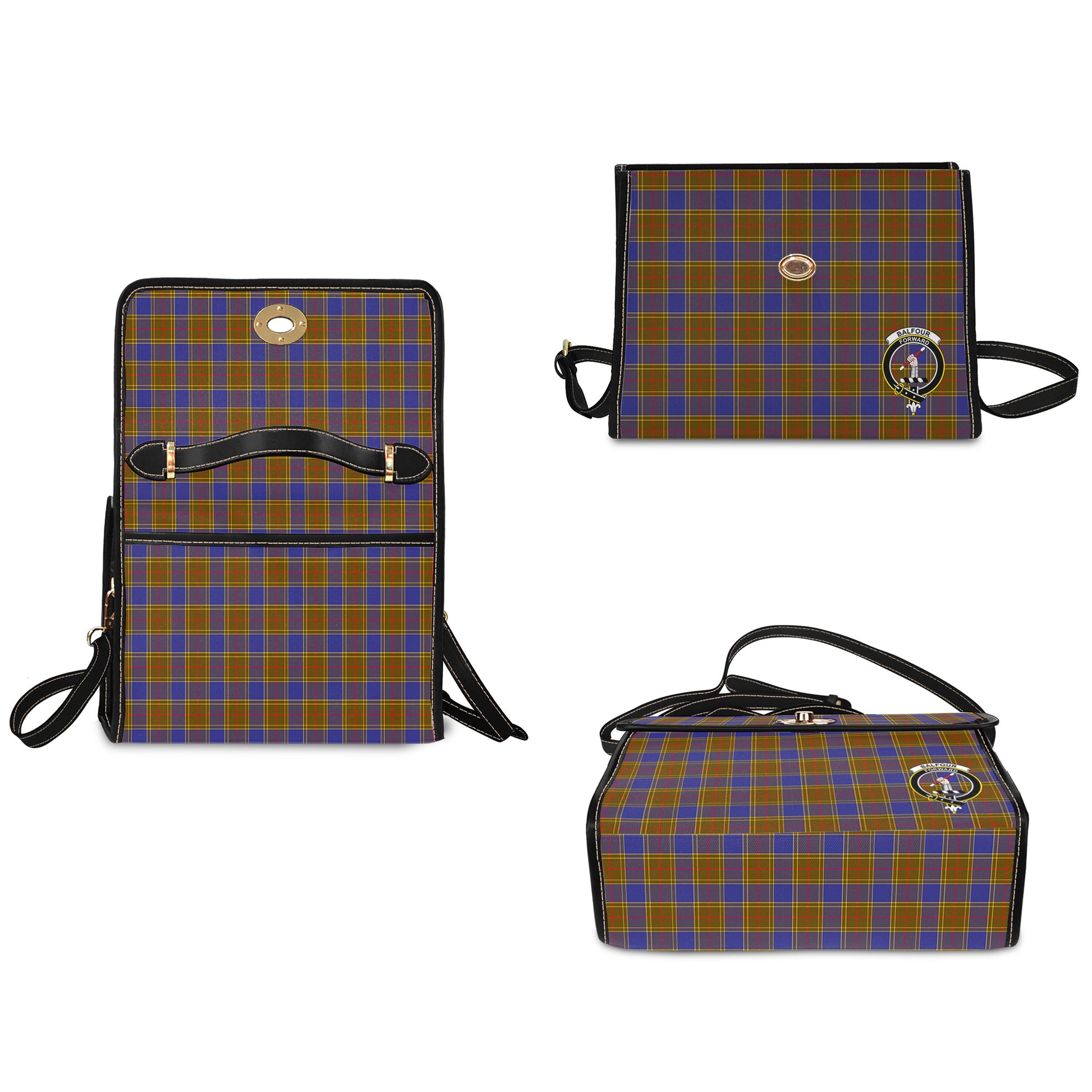 Balfour Modern Tartan Leather Strap Waterproof Canvas Bag with Family Crest - Tartanvibesclothing