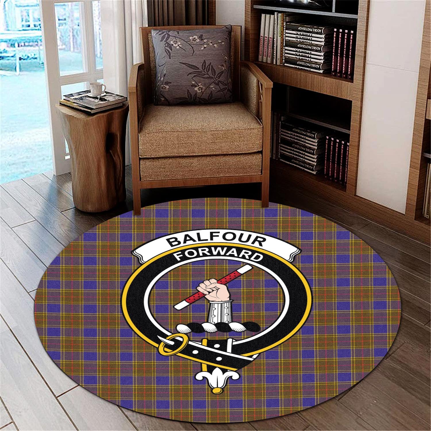 Balfour Modern Tartan Round Rug with Family Crest - Tartanvibesclothing