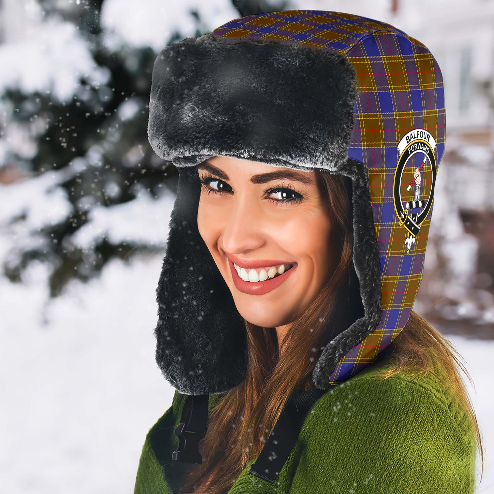 Balfour Modern Tartan Winter Trapper Hat with Family Crest - Tartanvibesclothing