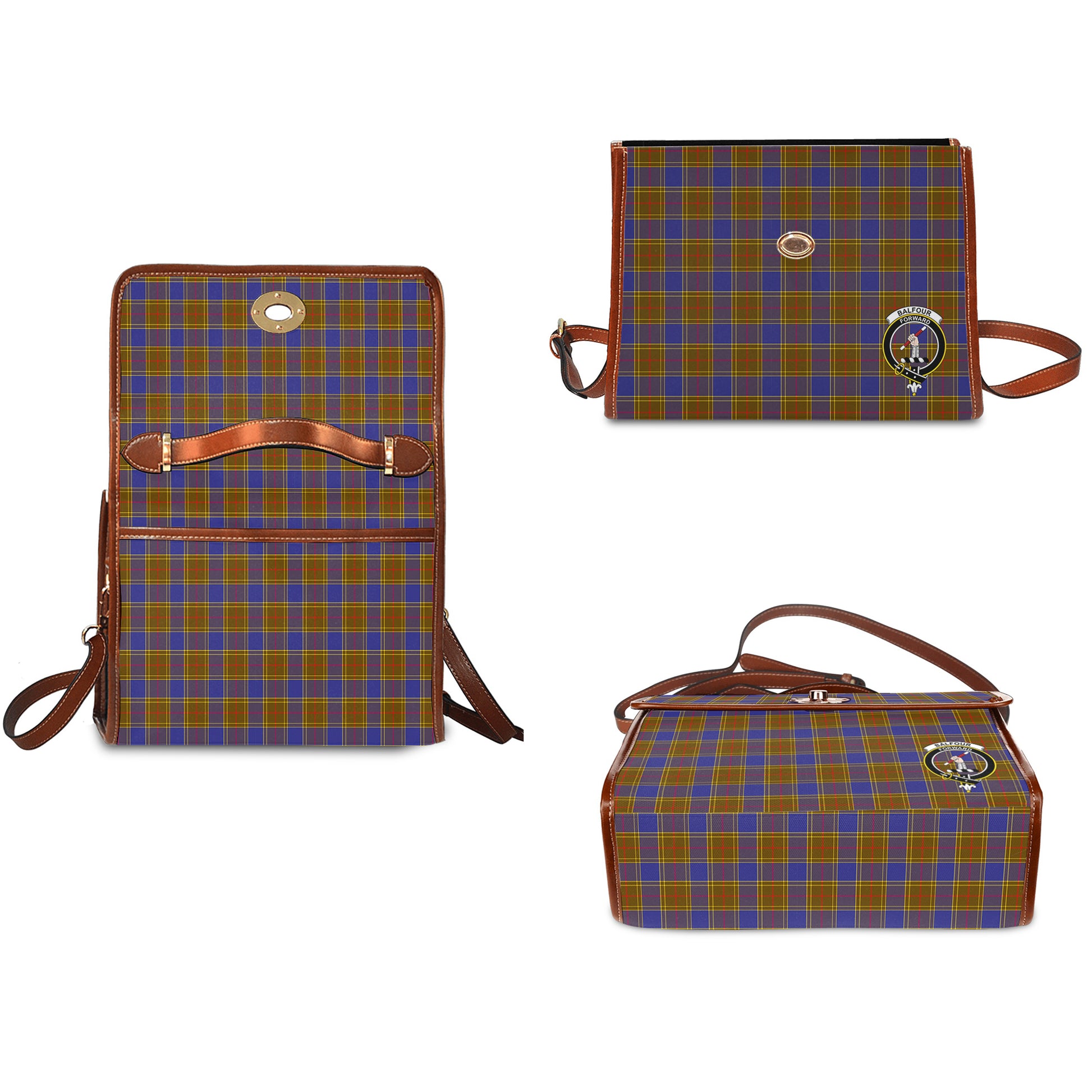 Balfour Modern Tartan Leather Strap Waterproof Canvas Bag with Family Crest - Tartanvibesclothing