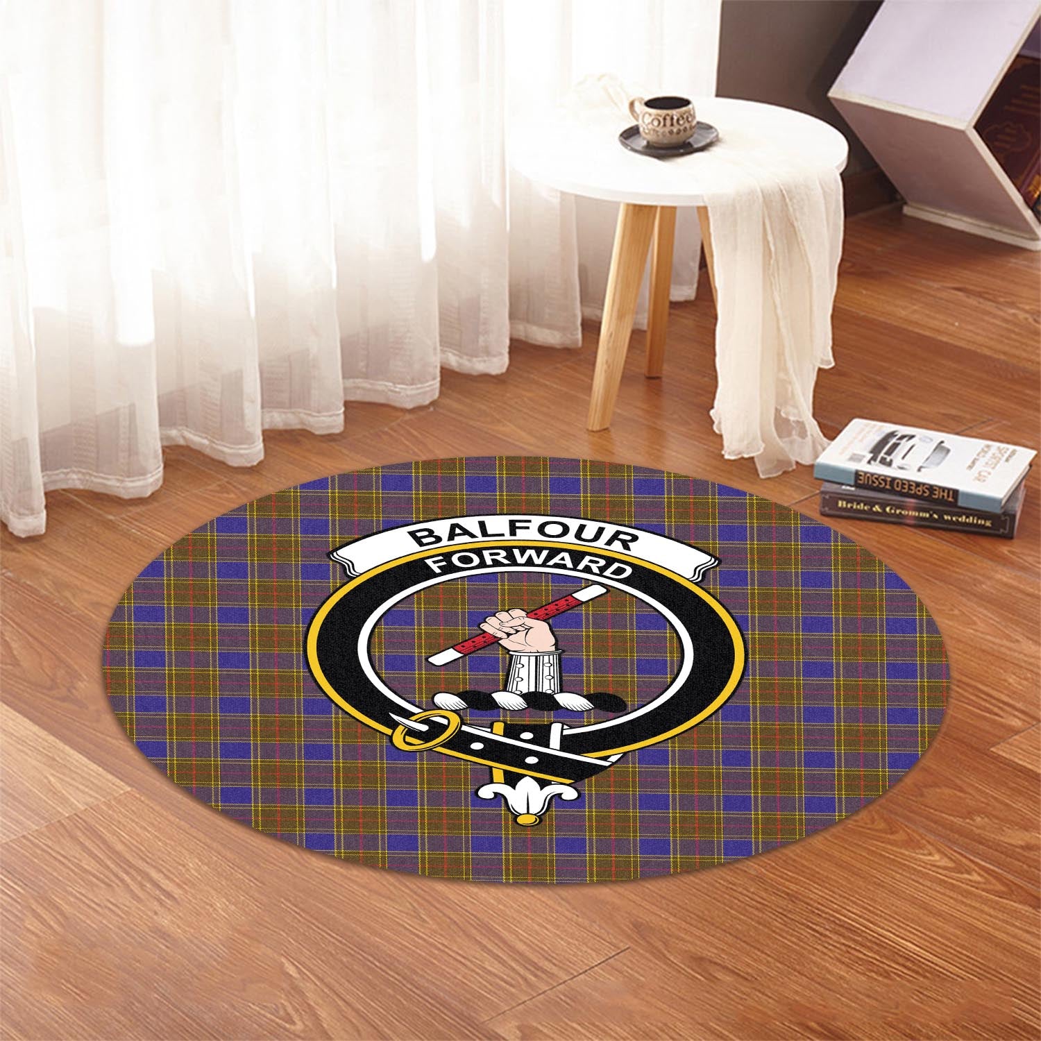 Balfour Modern Tartan Round Rug with Family Crest - Tartanvibesclothing