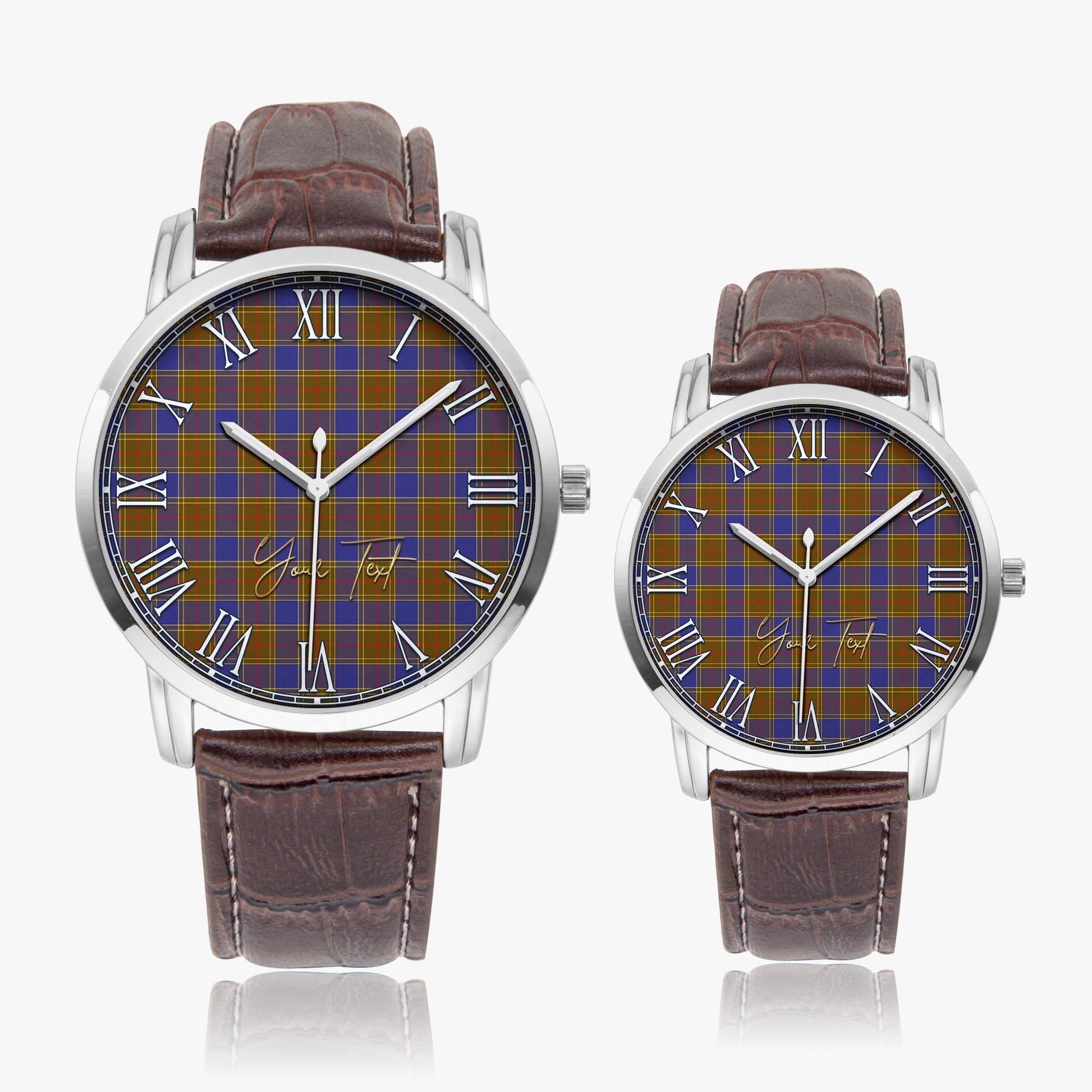 Balfour Modern Tartan Personalized Your Text Leather Trap Quartz Watch Wide Type Silver Case With Brown Leather Strap - Tartanvibesclothing