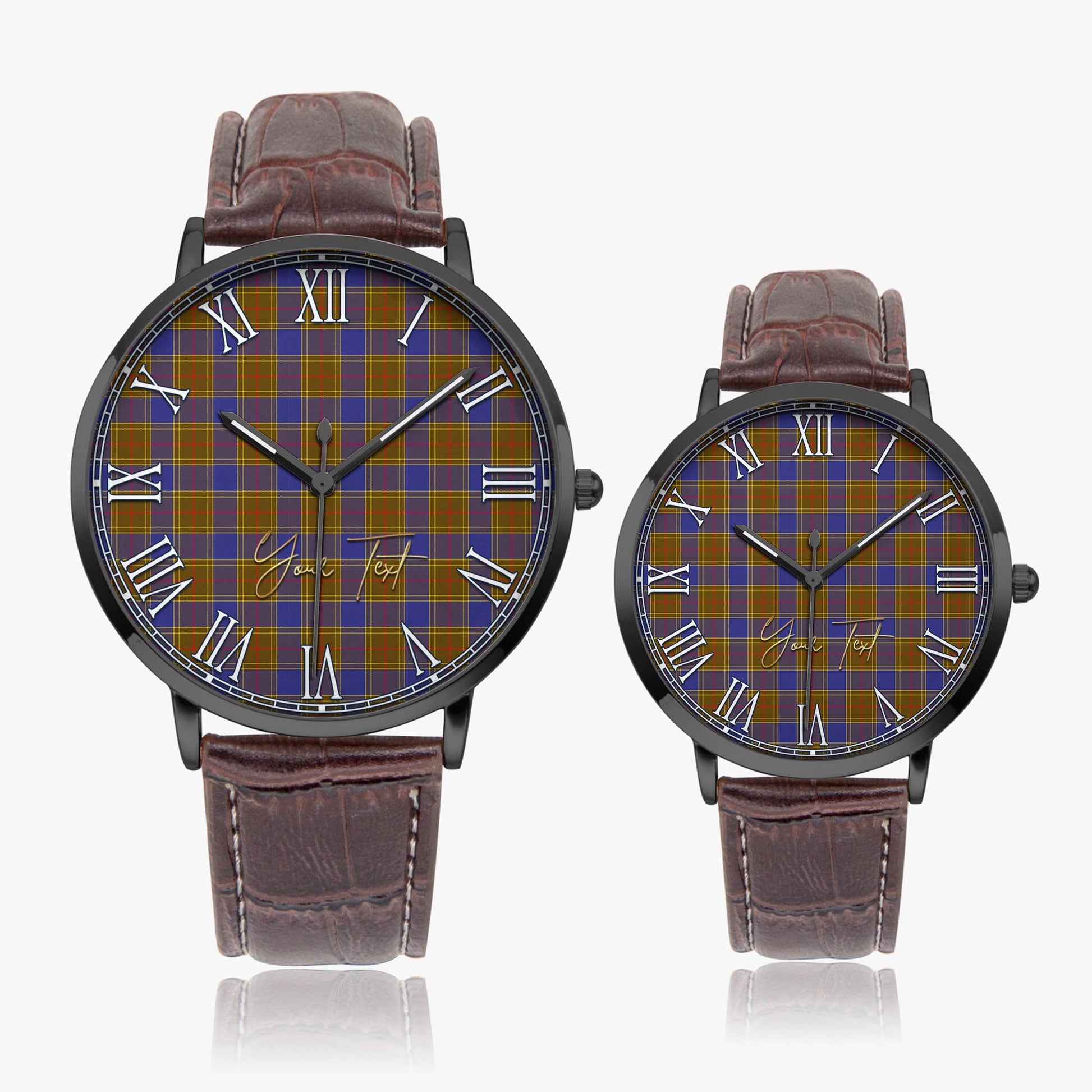 Balfour Modern Tartan Personalized Your Text Leather Trap Quartz Watch Ultra Thin Black Case With Brown Leather Strap - Tartanvibesclothing