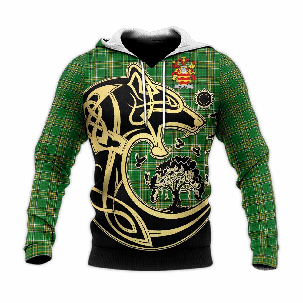 Tartan Vibes Clothing Ballet Irish Tartan Knitted Hoodie with Coat of Arms Celtic Wolf Style