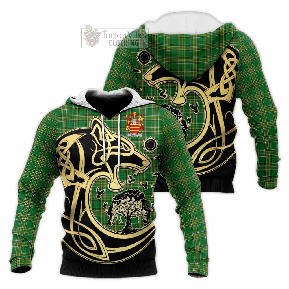 Tartan Vibes Clothing Ballet Irish Tartan Knitted Hoodie with Coat of Arms Celtic Wolf Style